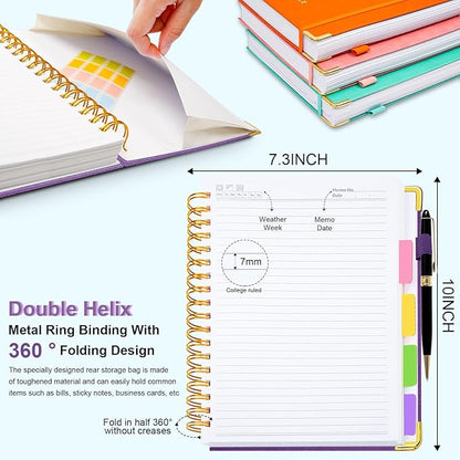 Hardcover Spiral Notebook 8"x10" Journal Notebook with Tabs and Removable Dividers 300 Pages 5 Subject Notebook College Ruled, Faux Leather Spiral Bound Notebook for Women School Work (Purple)