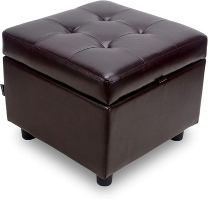 H&B Luxuries Tufted Leather Square Flip Top Storage Ottoman Cube Foot Rest (Brown with Storage)