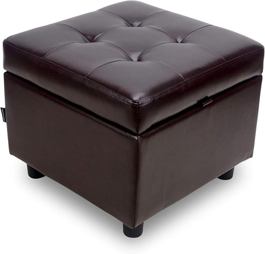 H&B Luxuries Tufted Leather Square Flip Top Storage Ottoman Cube Foot Rest (Brown with Storage)