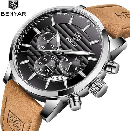 BENYAR Quartz Chronograph Waterproof Watches Business and Sport Design Leather Band Strap Wrist Watch for Men