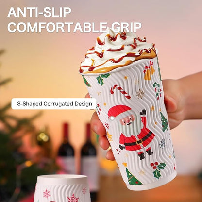 Lamosi 50 Pack - 16 oz Christmas Coffee Cups with Lids, Insulated Disposable To Go Paper Coffee Cups, Corrugated Ripple Wall Cup for Hot Drink