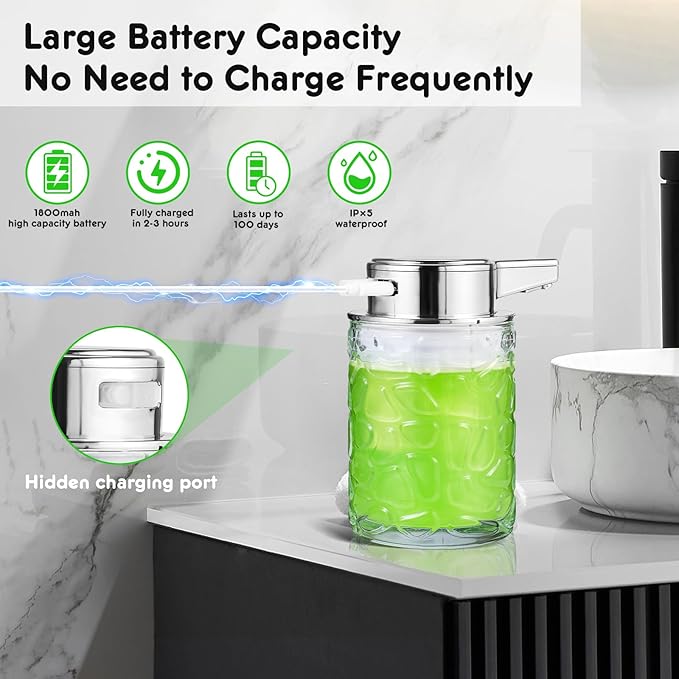 Automatic Touchless Soap Dispenser, Glass Sensor Hand Sanitizer Dispenser with 1800mAh Rechargeable Battery, Waterproof Design for Kitchen & Bathroom (Silver Gel Type)