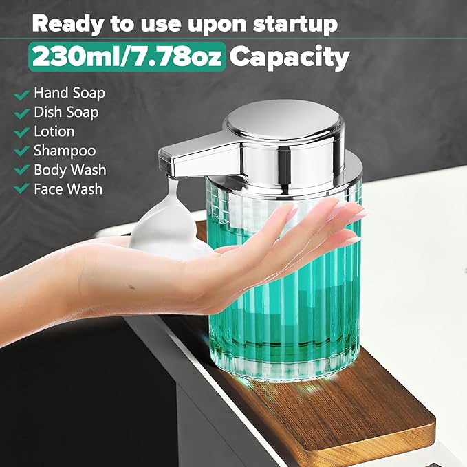 Automatic Soap Dispenser Foam for Bathroom: 8 OZ Glass Touchless Clear Auto Foaming Soap Dispenser for Kitchen - Hand Dish Lotion Home Countertop Kids - Family Couple