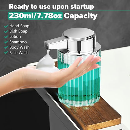 Automatic Soap Dispenser Foam for Bathroom: 8 OZ Glass Touchless Clear Auto Foaming Soap Dispenser for Kitchen - Hand Dish Lotion Home Countertop Kids - Family Couple