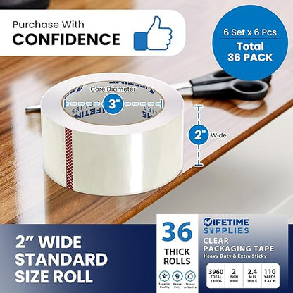 36 Rolls | 2.4 mil Clear | 110 Yards Each (3960 Yards Total) | 2" Premium Packing Tape Heavy Duty Packaging Tape for Shipping Moving Stronger Thicker