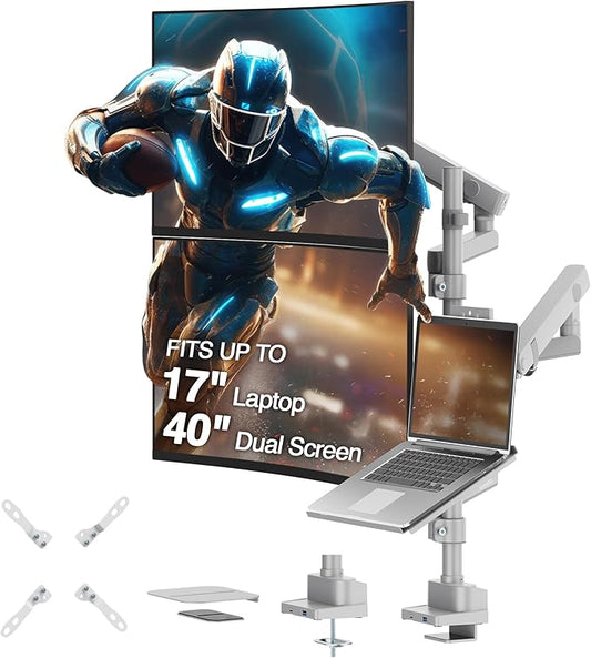 AVLT Laptop & Dual 40 Inch Stacking Monitor Arm Pole Top Mount with USB-C USB-A Ports-Gray, Supports 26.4 lbs (12kg), Ultrawide Screen Fit, VESA Compatible, Multi-Screen, Ergonomic Workspace Upgrade