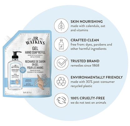 J.R. Watkins Gel Hand Soap Refill, Moisturizing Hand Wash, Formulated with Plant-Based Cleansers, Alcohol-Free, Cruelty-Free, Ocean Breeze, 34 Fl Oz, 2 Pack