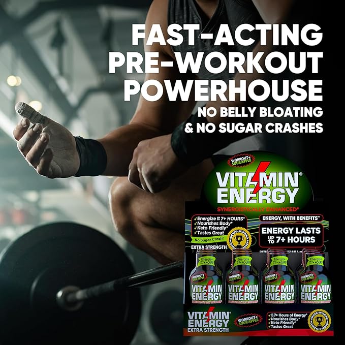 Vitamin Energy Workout+ Extra Strength Energy Shot Sour Apple 48 Pack, 260mg Natural Caffeine, Pre-Workout, B-Vitamins, Minerals, Endurance & Performance, Zero Sugar, Gluten-Free, Vegan, 1.93 fl oz