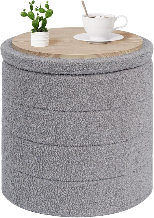 PINPLUS Round Storage Ottoman Foot Rest Stool with Tray Velvet Sherpa Folding Storage Ottoman,Boucle Foot Rest for Living Room, Bedroom, Dorm, Dorm,Grey Color