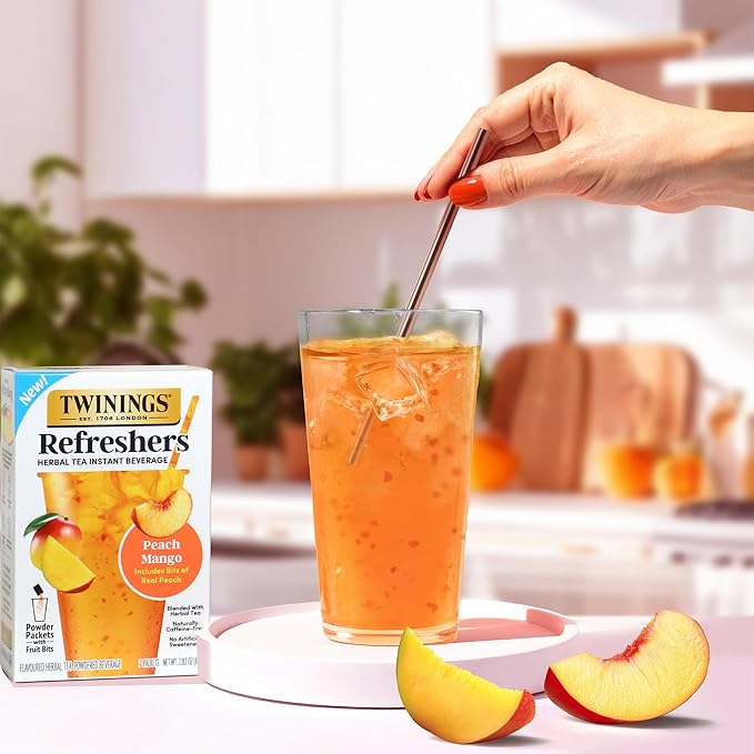 NEW Twinings Peach Mango Refreshers, Herbal Tea Instant Beverage with Real Peach Fruit Bits, 5 Count (Pack of 2), Café Style, No Artificial Sweeteners, Naturally Caffeine-Free Refreshment, 5 Packets