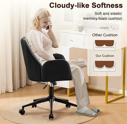 Furniliving Home Office Desk Chair, Ergonomic Leather Office Chair with Wheels, Comfortable Rolling Task Chair Adjustable Height, Black