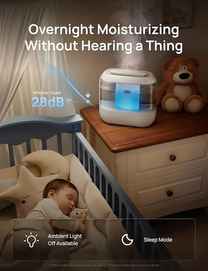Dreo Humidifiers for Bedroom, 4L Top Fill for Large Room, 36H Runtime, 28 dB Quiet Supersized Cool Mist Air Humidifier for Baby Nursery, Plants, Indoor, Night Light, Easy to Clean & Fill, White