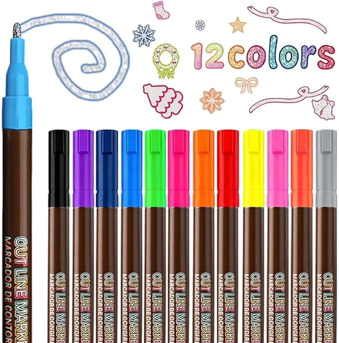 Marker Pen for Highlight Self-Outline Metallic, Double Line Magical Pens for Adult Coloring Books, Color Glitter Markers for Adults, Back to School Supplies for Kids, Toddler Gifts (8)