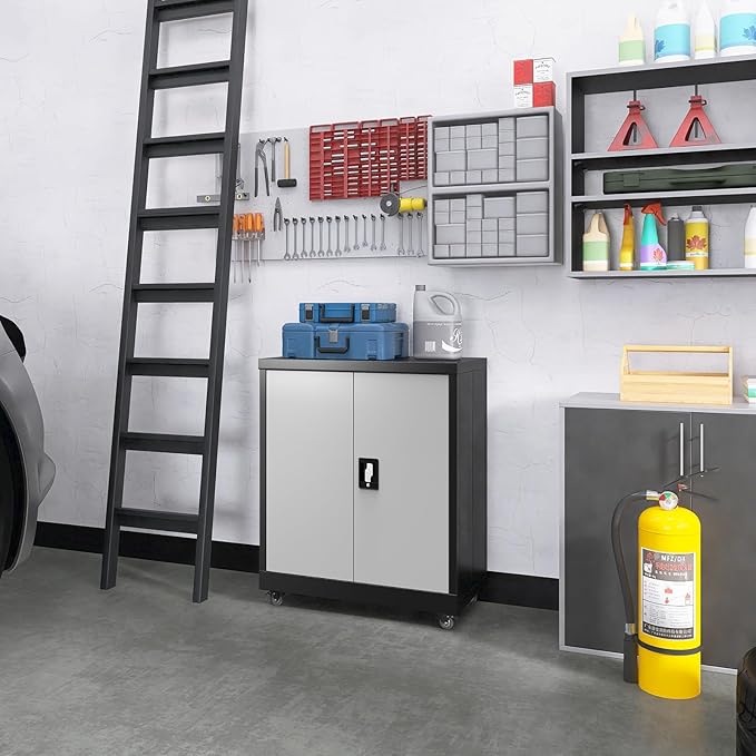 LUCYPAL Metal Storage Cabinet with Wheels,Garage Storage Cabinets with Locking Doors and Adjustable Shelves,Utility Tool Cabinet for Office,Home,Garage,Classroom,Black+Grey
