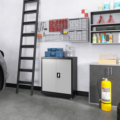 LUCYPAL Metal Storage Cabinet with Wheels,Garage Storage Cabinets with Locking Doors and Adjustable Shelves,Utility Tool Cabinet for Office,Home,Garage,Classroom,Black+Grey