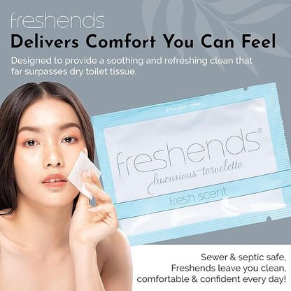 Freshends Flushable Individually Wrapped Wipes – 50 Bulk Pack Luxurious Towelettes, Guest Bathroom Essentials for Weddings, Restaurants, Bars & Clubs – Blue, Travel-Size, Disposable