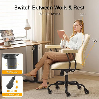 YFO Home Office Desk Chair Office Rubber Casters Ergonomic Computer Chair with Lumbar Support Adjustable Height Rolling Swivel Executive Task Armrests Chair， Cream Leather
