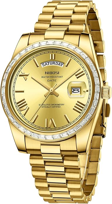 NIBOSI Men's Watches Analog Quartz Diamond Bezel Stainless Steel Dial Rose Gold Silver Watches for Men Waterproof Business Classic Dress Wrist Watch with Day Date