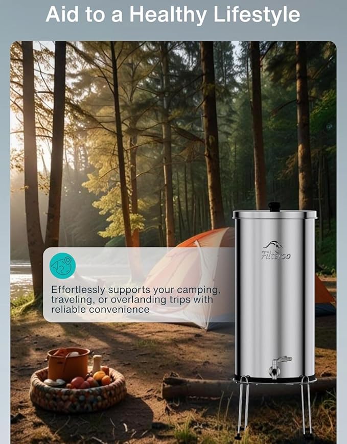 Filteroo® Superoo Countertop Gravity Water Filter System - 5.28 Gal/20L | 304 Stainless Steel | 2 Carbon Filters | NSF/ANSI Tested Gravity-Fed Water Purifier | Remove Bacterias & Heavy Metals