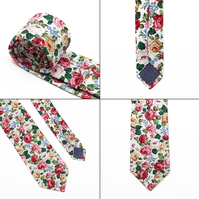 Cotton Floral Ties for Men 2.76" Men's Skinny Tie Linen Flower Printed Neck Tie for Wedding Dating Party