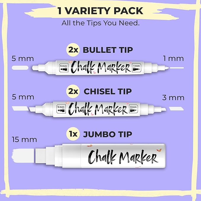 Chalkola 5 White Chalk Markers - Dual tip, Fine & Jumbo Tip (1mm, 3mm, 5mm, 15mm) | Erasable Liquid Chalk Pens for Blackboard, Chalkboard Signs, Car Window, Bistro, Glass | Washable Chalkboard Markers