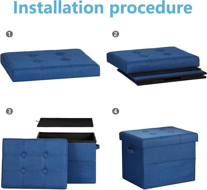 Storage Ottoman Foot Rest, Folding Linen Cotton Ottoman with Storage with Side Pockets and Handle, Foot Stool for Lounge, Study Corner, Home Office, 17x17x13 Inches, Dark Blue