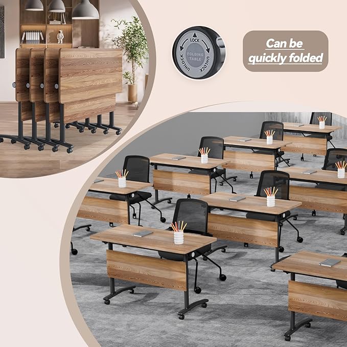 Conference Table, Foldable Conference Room Tables with Silent Wheels, Folding Modular Seminar Meeting Tables, Modern Rectangle Training Table for Office, Boardroom (2, Wood, 55.1)