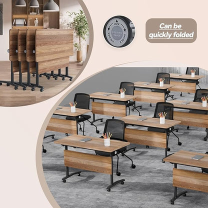 Conference Table, Foldable Conference Room Tables with Silent Wheels, Folding Modular Seminar Meeting Tables, Modern Rectangle Training Table for Office, Boardroom (10, Wood, 61.0)