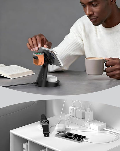 Wireless Charger 3 in 1 Charging Station for iPhone: Magnetic Docking Station for iPhone 17/16/15/14/13/12 - Multi Charging Dock for Apple Watch & Airpods 4 3 2 Pro (Adapter Included) (Black)