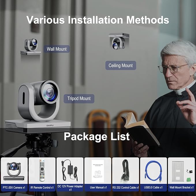 PTZ Camera 20X Optical Zoom, HDMI| USB3.0| SDI| LAN| PoE, 1080P FHD 60fps, AI Auto Tracking, 1/2.8" CMOS Sensor, 255 Presets, Conference Room Camera, for Church Worship Live Streaming Business