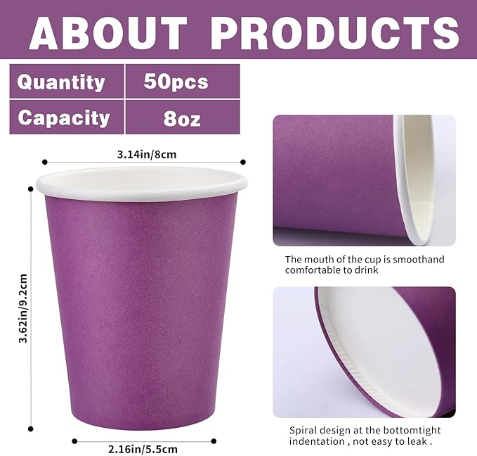 Paper Cups 8 oz 25 Pack, Disposable Paper Coffee Cups for Hot or Cold Beverage Drinking for Party, Picnic, BBQ, Travel, and Event -Purple
