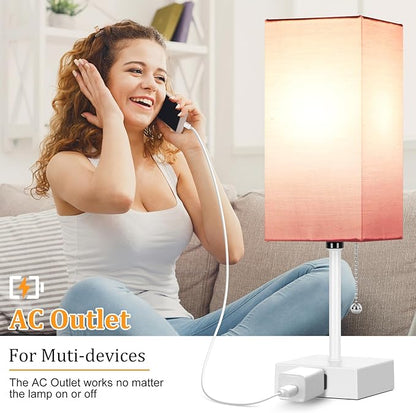 15'' Table Lamp for Bedroom set of 2,3-Color Bedside Lamps with Pull Chain Table Lamps for Night stands ,Small Night Light Lamps with 2 Bulbs Lamps for Living Room Kids Room Office Decor（Pink+White）