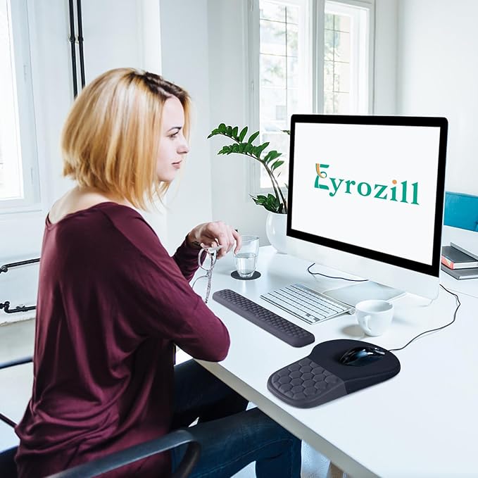 EYROZILL 3 in 1 Ergonomic Mousepad with Wrist Rest, Gaming Keyboard Mouse Pad with Wrist Support Non-Slip Base Massage Design, Pain Relief (Black/Grey)