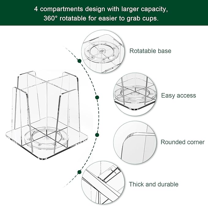 Coffee Cup Organizer for Countertop - Rotating Plastic Cup Holder 4 Compartments Clear Acrylic Cup and Lid Holder for Coffee Bar Restaurant Breakroom Disposable Paper Coffee Cup Dispenser