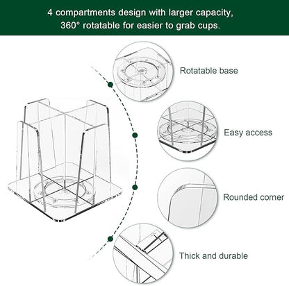 Coffee Cup Organizer for Countertop - Rotating Plastic Cup Holder 4 Compartments Clear Acrylic Cup and Lid Holder for Coffee Bar Restaurant Breakroom Disposable Paper Coffee Cup Dispenser