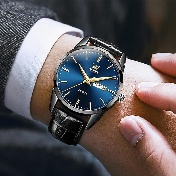 Men's Casual Leather Watch, Easy to Read Three-Hand Analog Stainless Steel Watches for Men, Minimalist Day Date Waterproof Luminous Mens Quartz Wristwatch