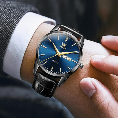 Men's Casual Leather Watch, Easy to Read Three-Hand Analog Stainless Steel Watches for Men, Minimalist Day Date Waterproof Luminous Mens Quartz Wristwatch