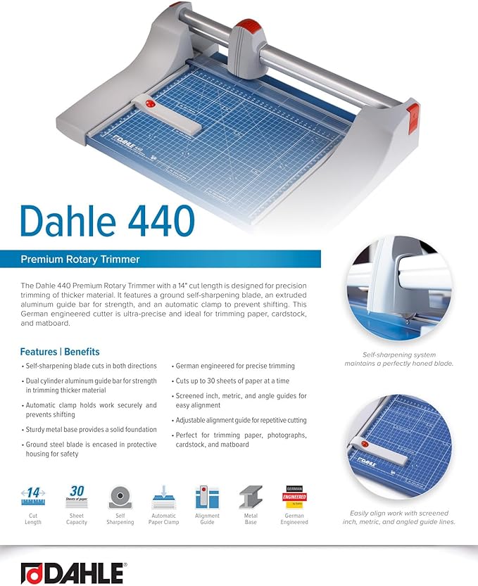 Dahle 440 Premium Rotary Trimmer, 14" Cut Length, 30 Sheet Capacity, Self-Sharpening, Automatic Clamp, German Engineered Paper Cutter