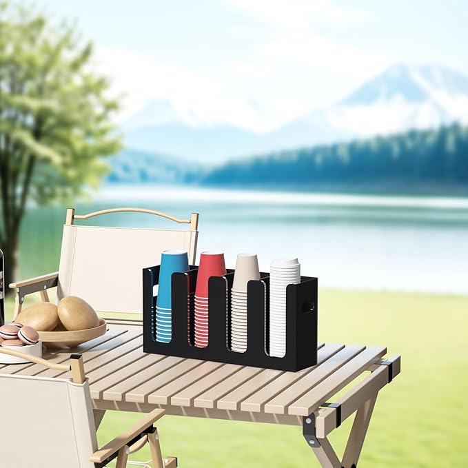 WINFFOR Disposable Cup Organizer Dispenser - 4 Compartments Black Acrylic Cup and Lid Holder with Handles Plastic Cup Dispenser Countertop Paper Cup Holder for Coffee Bar House Party Essentials