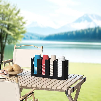 WINFFOR Disposable Cup Organizer Dispenser - 4 Compartments Black Acrylic Cup and Lid Holder with Handles Plastic Cup Dispenser Countertop Paper Cup Holder for Coffee Bar House Party Essentials