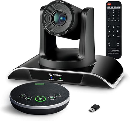 TONGVEO All-in-One Conference Room Video Camera System Bundle HD 1080P 60fps 3X Optical Zoom USB3.0 HDMI PTZ Camera and Bluetooth Conference Speakerphone with Microphones