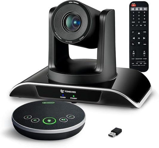 TONGVEO All-in-One Conference Room Video Camera System Bundle HD 1080P 60fps 3X Optical Zoom USB3.0 HDMI PTZ Camera and Bluetooth Conference Speakerphone with Microphones