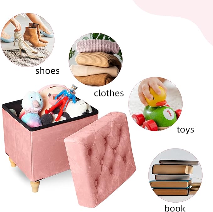 CAROLMADE Folding Storage Ottoman Cube Velvet Footstool with Wood Legs Ottoman Footrest for Living Room and Bedroom Pink, Grey 15"x12.6"x15.4"