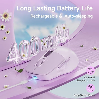 EWEADN Q1 Wireless Mouse, Bluetooth & 2.4G Silent Mouse Quiet Click with 3 DPI Levels, Battery & DPI Smart Display, 6 Button Small Portable Cordless Mice for Laptop/PC/Mac-Purple