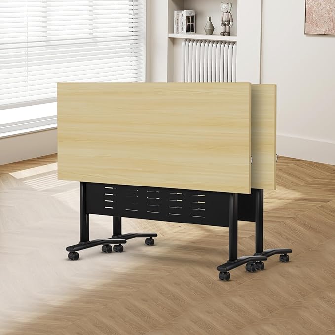Conference Room Table, 55 Inch Folding Conference Tables with Wheels, Modern Office Meeting Table, Easy Flip & Nest Design, Rectangular Seminar Tables with Metal Frame for 2-24 People(F 2PCS)