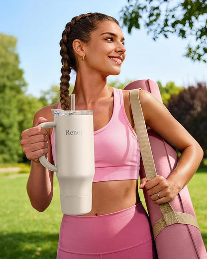 Renoj Tumbler with Handle 100% Leak Proof Insulated Water Bottle for Iced Coffee & Hot Drinks - Fits Car Cup Holder, Ideal Gift, 2 Straws & Silicone Boot BPA-Free - SnapShift White 40 oz