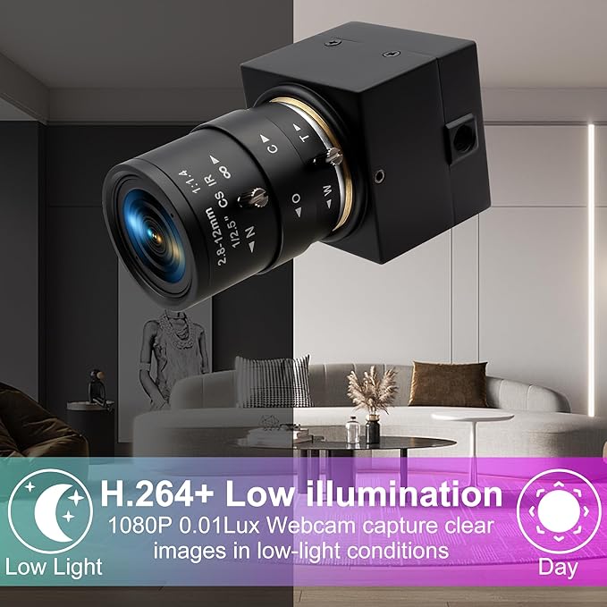 Manual Zoom USB Camera with 2.8-12mm CS Lens, H.264 1080P 30fps Webcam, Low Light Vision & Laser Light Burn, Compatible with Windows/macOS/Linux for Industrial Inspection & Remote Conferencing