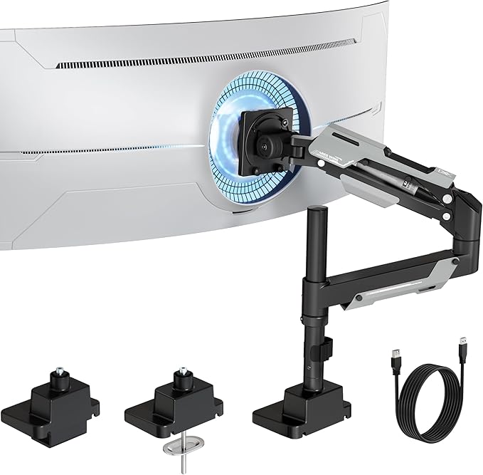 ARES WING Single Monitor Mount with USB, Ultrawide Monitor Arm for 24 to 57 Inch Heavy Duty Curved Screen, Adjustable Gas Spring Monitors Arm Stand up to 66LBS with 75/100/200 Vesa Mount, Black