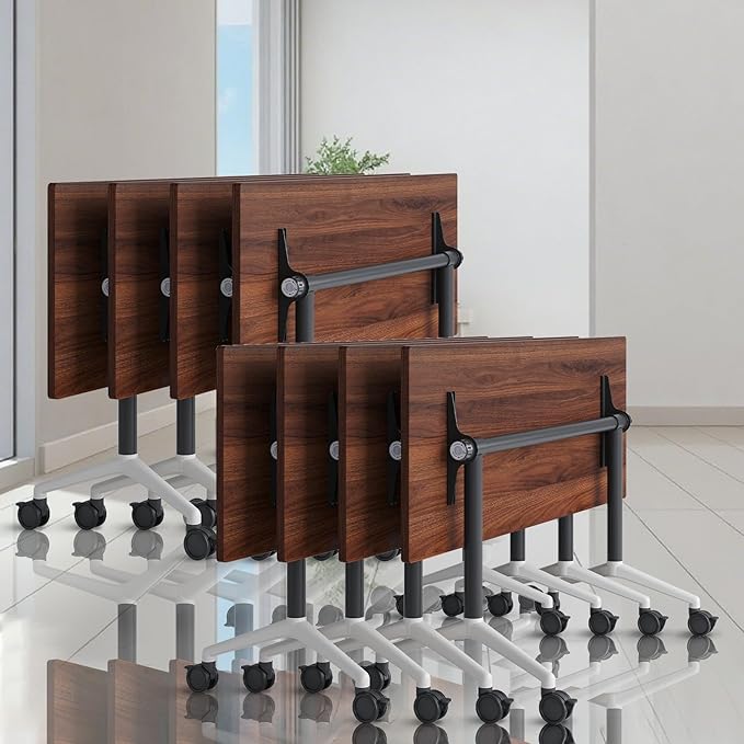 Conference Table, Folding Conference Room Tables, Modern Flip Top Seminar Training Meeting Table with Wheels, Modular Foldable Conference Tables for Home Office Classr (Brown 8 Pack 55.1inch)