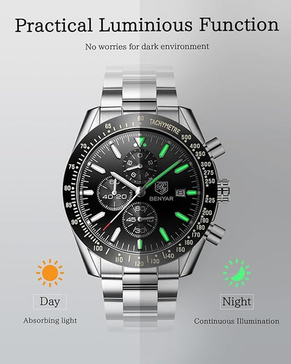 BY BENYAR Watch for Men Analog Quartz Chronograph Waterproof Luminous Designer Mens Wrist Watches Business Work Sport Casual Dress Watch with Silicone Strap Elegant Gifts for Men